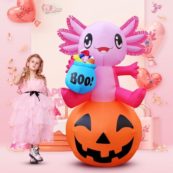 Halloween Inflatable Axolotl with Pumpkin and LED Lights for Outdoor Yard Decor - Picture 3 of 6